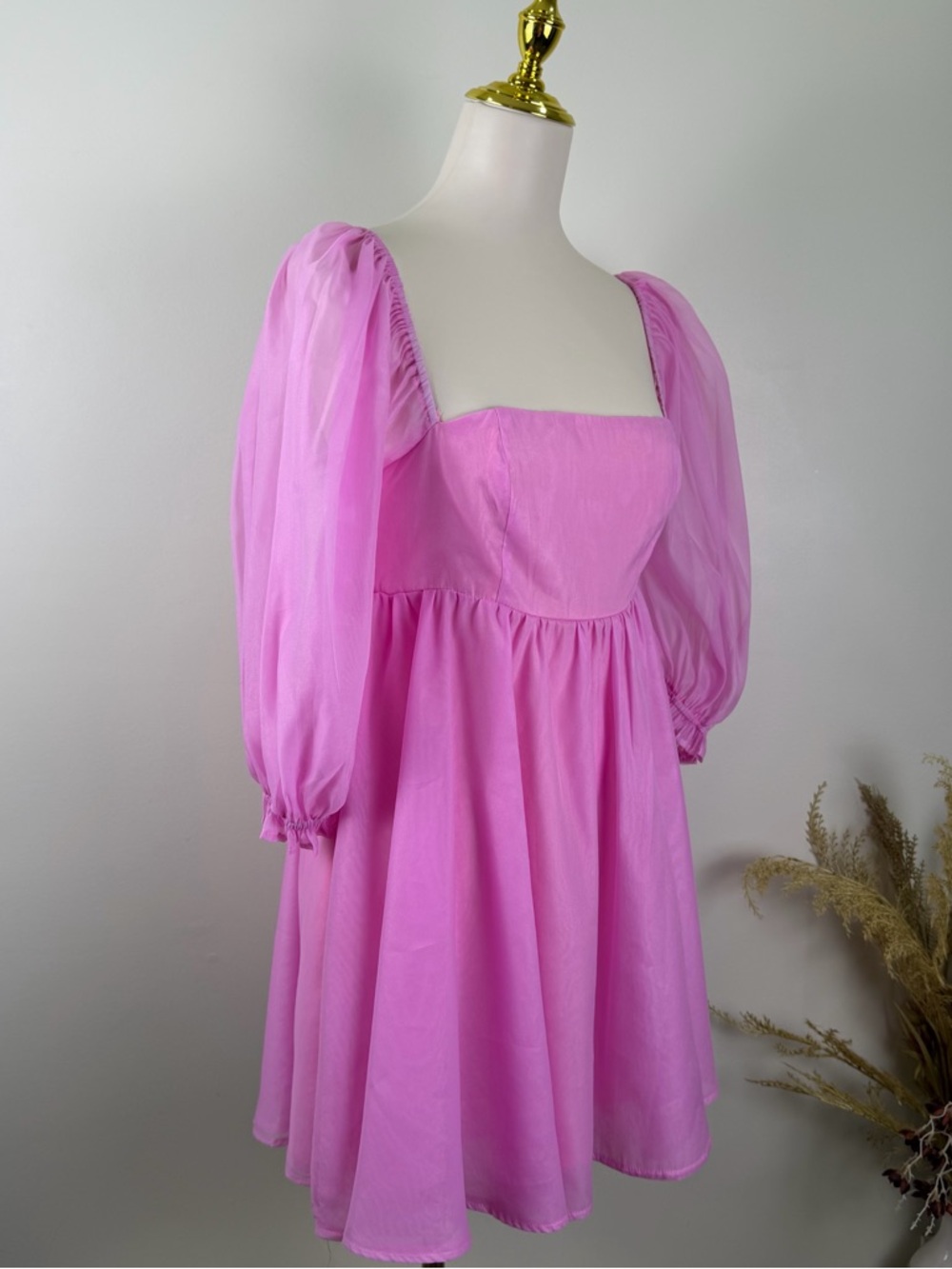 FORE Pink Puff Sleeve Mini Dress Women's Size Medium Square Neck Cottagecore - Picture 3 of 11